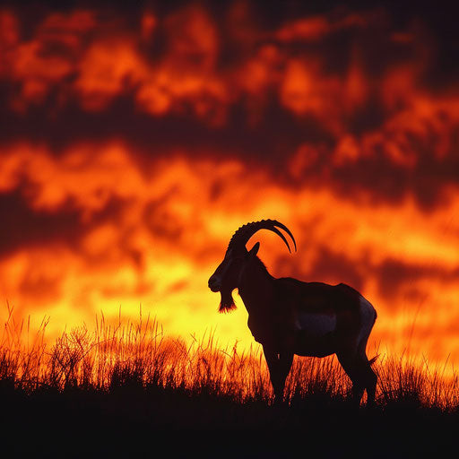 Ibex against a fiery sunset, in the style of Frans Lanting