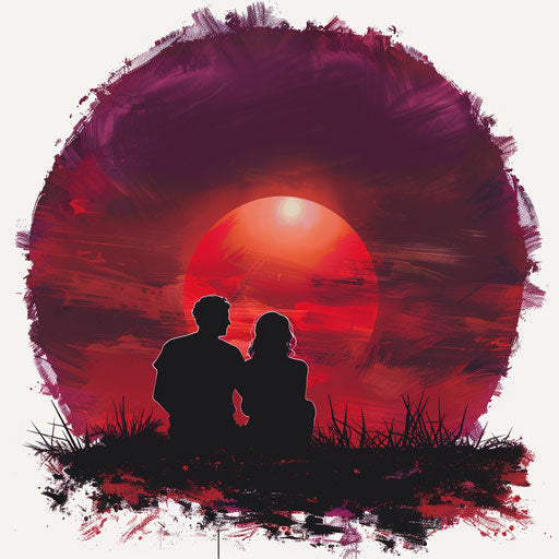 Romantic silhouettes watching an eclipse in red and purple sky