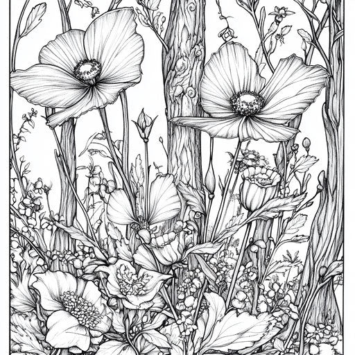 Poppy fairies in magical woodland, Detmold style, coloring