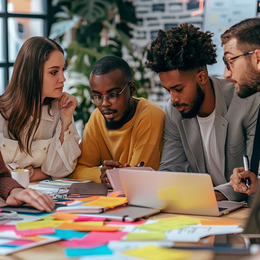 Diverse marketers team planning campaign, post-it notes and laptops