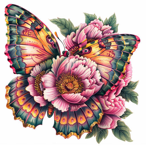 Neo-traditional butterfly with peony flowers