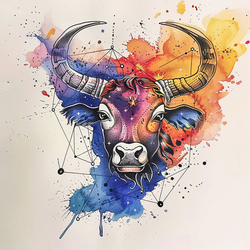 Artistic tattoo sketch of the Taurus constellation with abstract splashes of watercolor in sunset colors