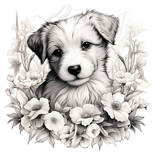 Black and white painting of a puppy and flowers