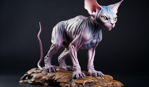Sphynx cat type, light purple and light black tones, dark silver and dark brown, explosive pigmentation, dark indigo and light beige, meticulous detailing, light pink and dark green, light bronze and dark blue