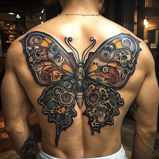 Butterfly tattoo men on the back with steampunk theme