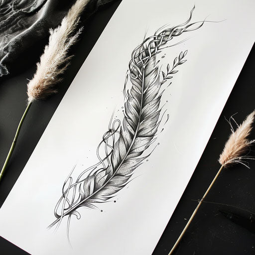 Sketch of a feather tattoo with Celtic knotwork, in black ink, on white background