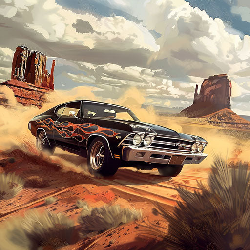 1969 Chevrolet Chevelle SS with flames in desert