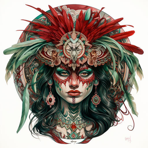 Woman with skull tattoo in Indian pop style, emerald and crimson
