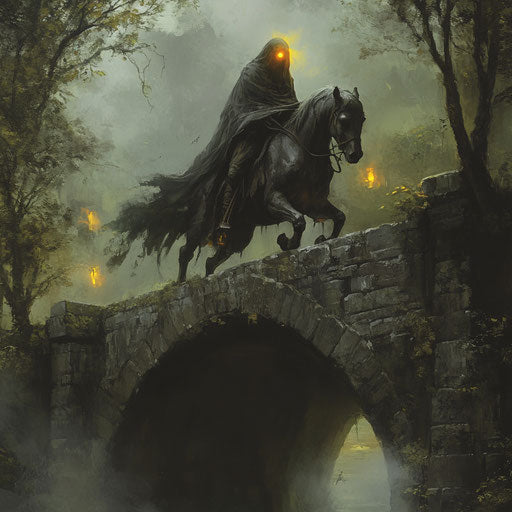 The headless horseman galloping over an ancient stone bridge