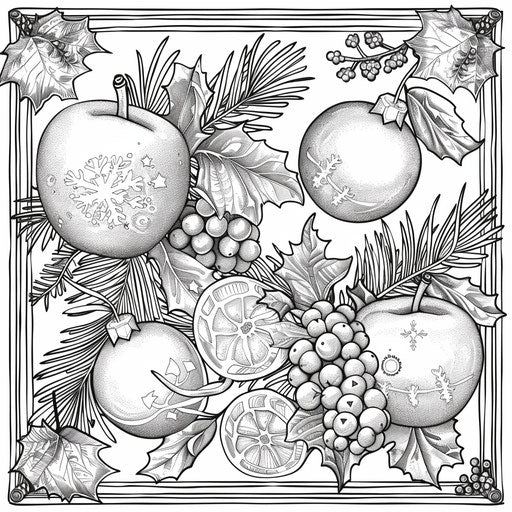 Festive holiday fruit with decorative elements in the style of Jan Brett coloring book page