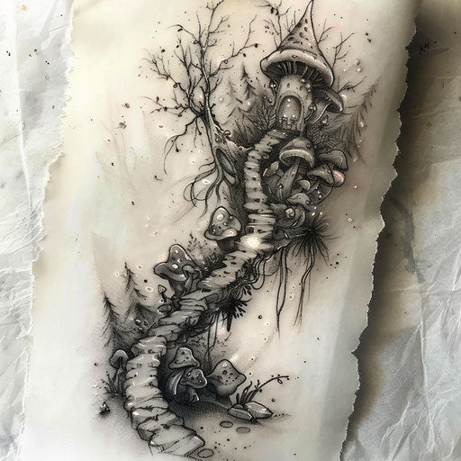 Whimsical ribbon tattoo sketch with fairytale creatures and enchanted forests