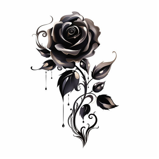 An elegant black rose tattoo in graphic illustration style