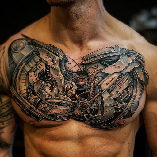 Men's chest tattoo with biomechanical designs