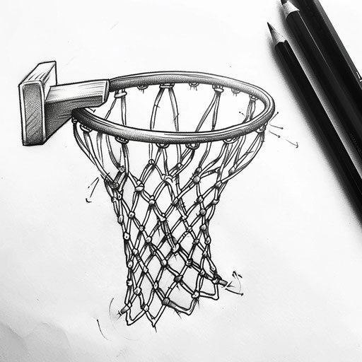 Intricate flat tattoo sketch of a basketball net, minimalistic design, monochrome