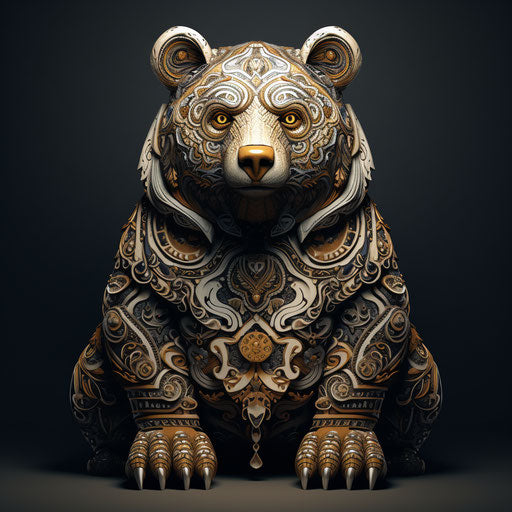Bear with ethnic design, highly detailed dark white bronze illustration, nature painter calligraphic