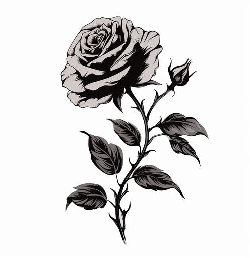 Black rose and leaves on white background