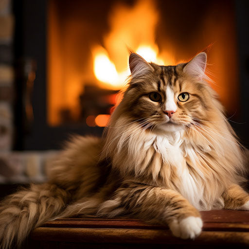 Norwegian forest cat in front of a fire in a fireplace