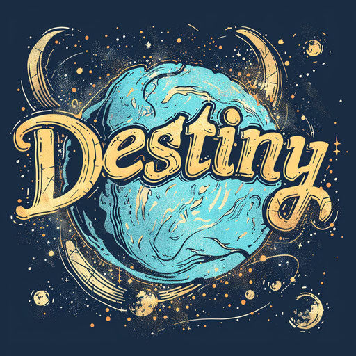 Celestial map tattoo with 'Destiny' in blues and golds