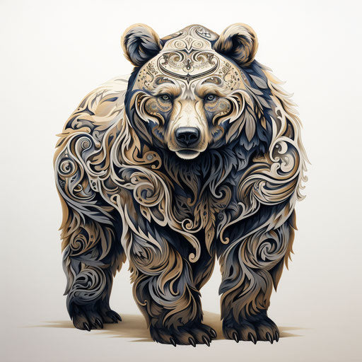 Bear with tribal design and ornaments in hyperrealistic style