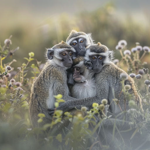 Cluster of vervet monkeys huddled for warmth