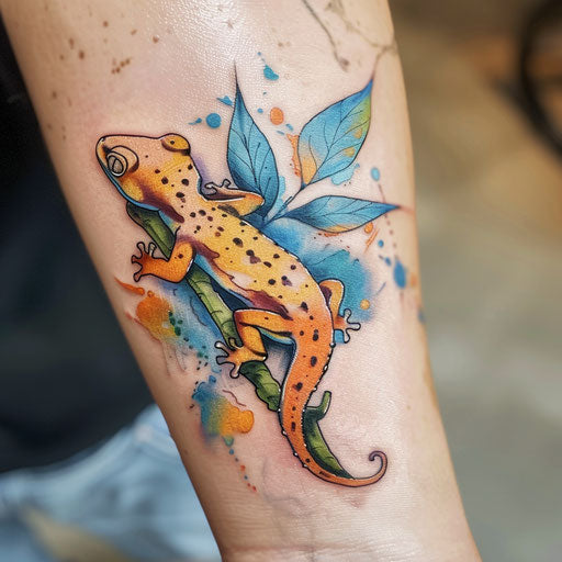 Elegant flat tattoo sketch with watercolor effects of a gecko on a leafy branch