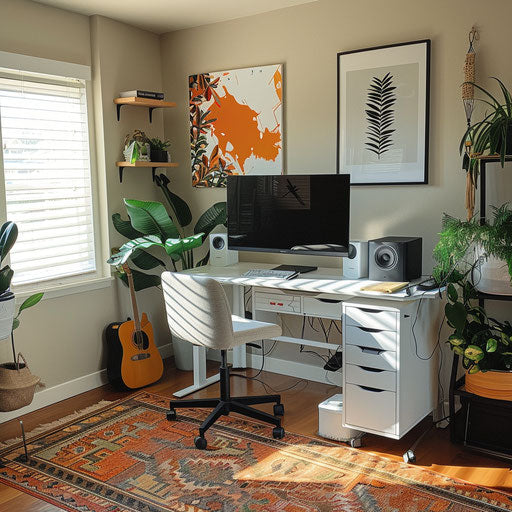 Bright home office with standing desk and large monitor