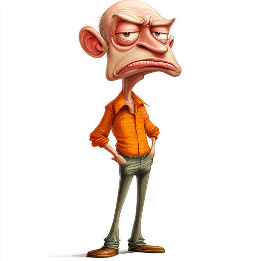 Humorous caricature of a cartoon clipart with exaggerated human characteristics, thin lips, long legs, smooth surfaces, vibrant colors, cartoon style, frowning, high resolution, no background, isolated - c 40