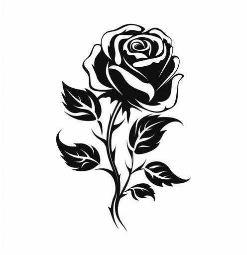 Black rose with leaves on white background, flowerpunk style