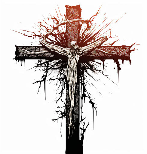 Winged thorny cross on white background in woodcut style