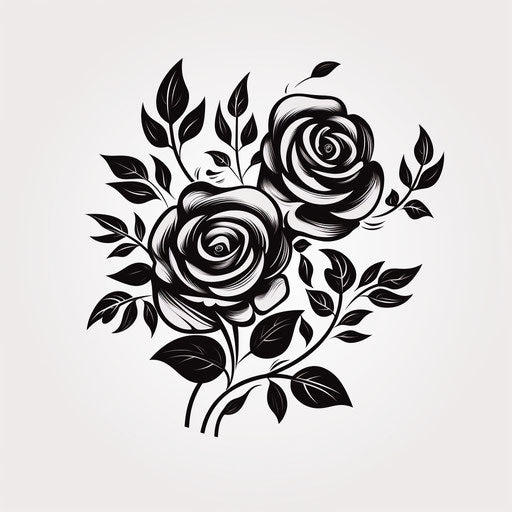 Black rose and leaf print on white background, stencil art style