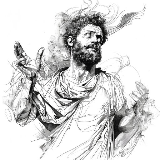 Energetic flat tattoo sketch of Marcus Aurelius in a debate pose with rhetorical flourishes