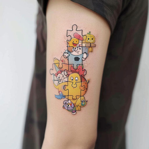 Playful puzzle piece tattoo with cartoon characters