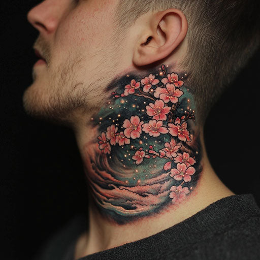 Tattoo on the neck with Japanese cherry blossom and celestial sky