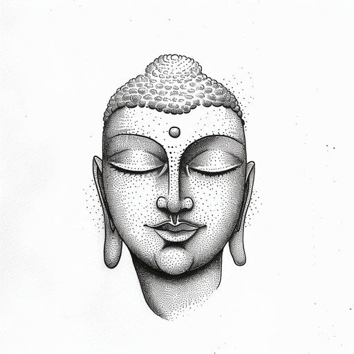 Flat tattoo sketch for a dotwork tattoo, serene Buddha face