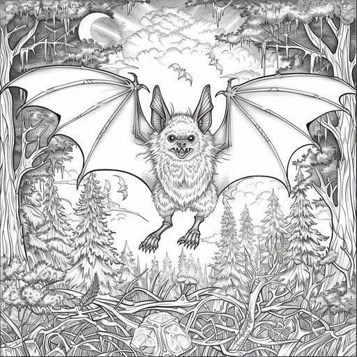 Detailed bat with vampire cape flying through dark forest