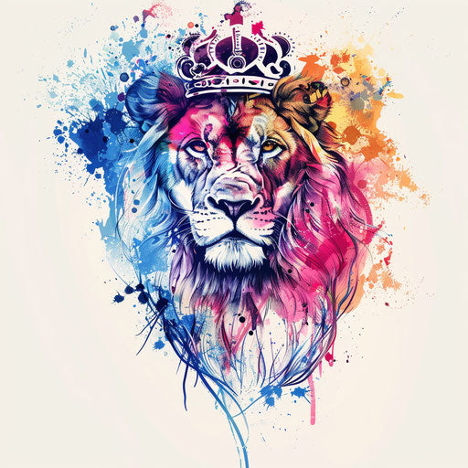Dynamic lion tattoo with flowing crown, ink splash style
