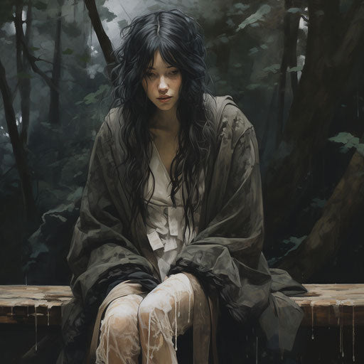 Girl sitting on a wooden bench, poignant symbolism style