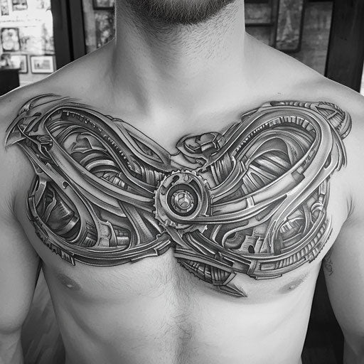 Biomechanical chest piece tattoo with gears and wires design