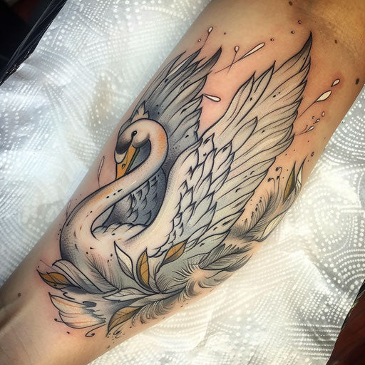 Elegant neo-traditional tattoo of swan, white and gray feathers with hint of gold.