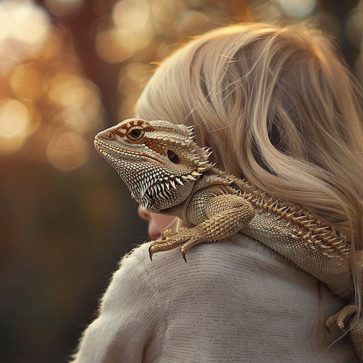 Human-reptile bond: bearded dragon on child's shoulder