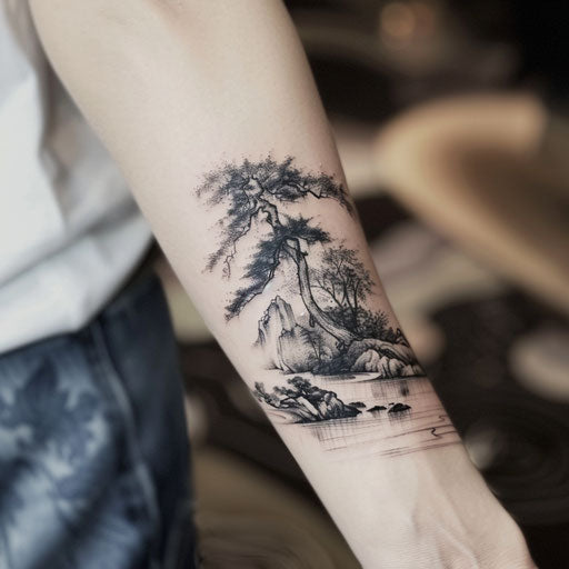 Traditional Chinese landscape tattoo on white scroll