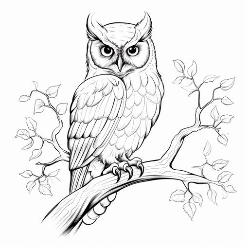 Owl on a tree branch coloring pages, captivating