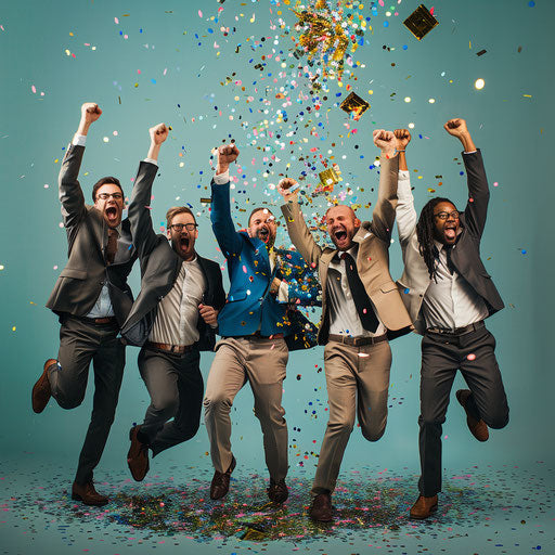 Sales team celebrating record-breaking quarter with high energy