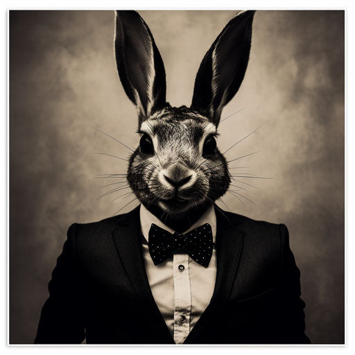 Black rabbit head with bow tie poster, tasteful negative space, metalcore, cryptopunk, matte, rug