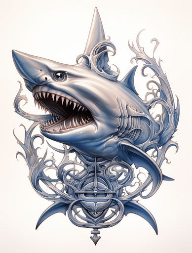 Shark and anchor, airbrush art style, silver and blue