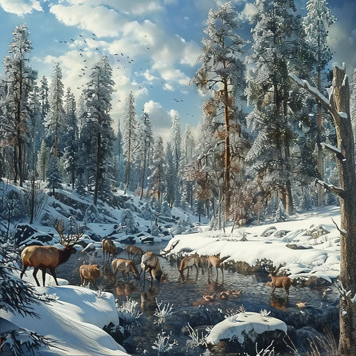 Animals foraging in a snowy winter landscape