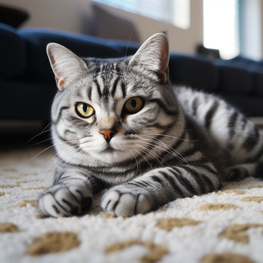 American shorthair cat lying on a carpet