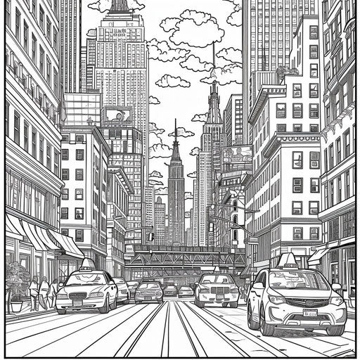 Cityscape with buildings and cars - Coloring book page