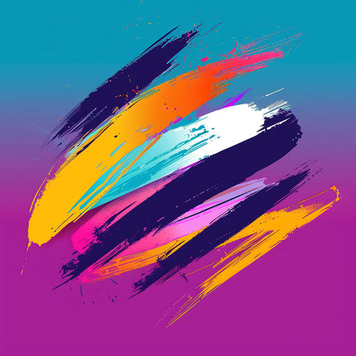 Brand logo with brush stroke elements and a colorful palette, set against a vibrant background