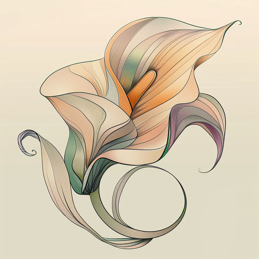 Art nouveau-inspired tattoo sketch of a calla lily with flowing lines and soft pastel hues